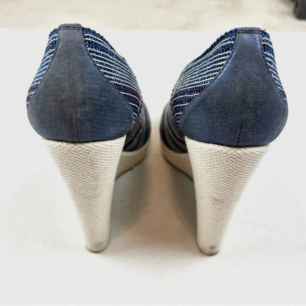 Donald J. Pliner Striped Closed Toe Blue & Cream Wedges